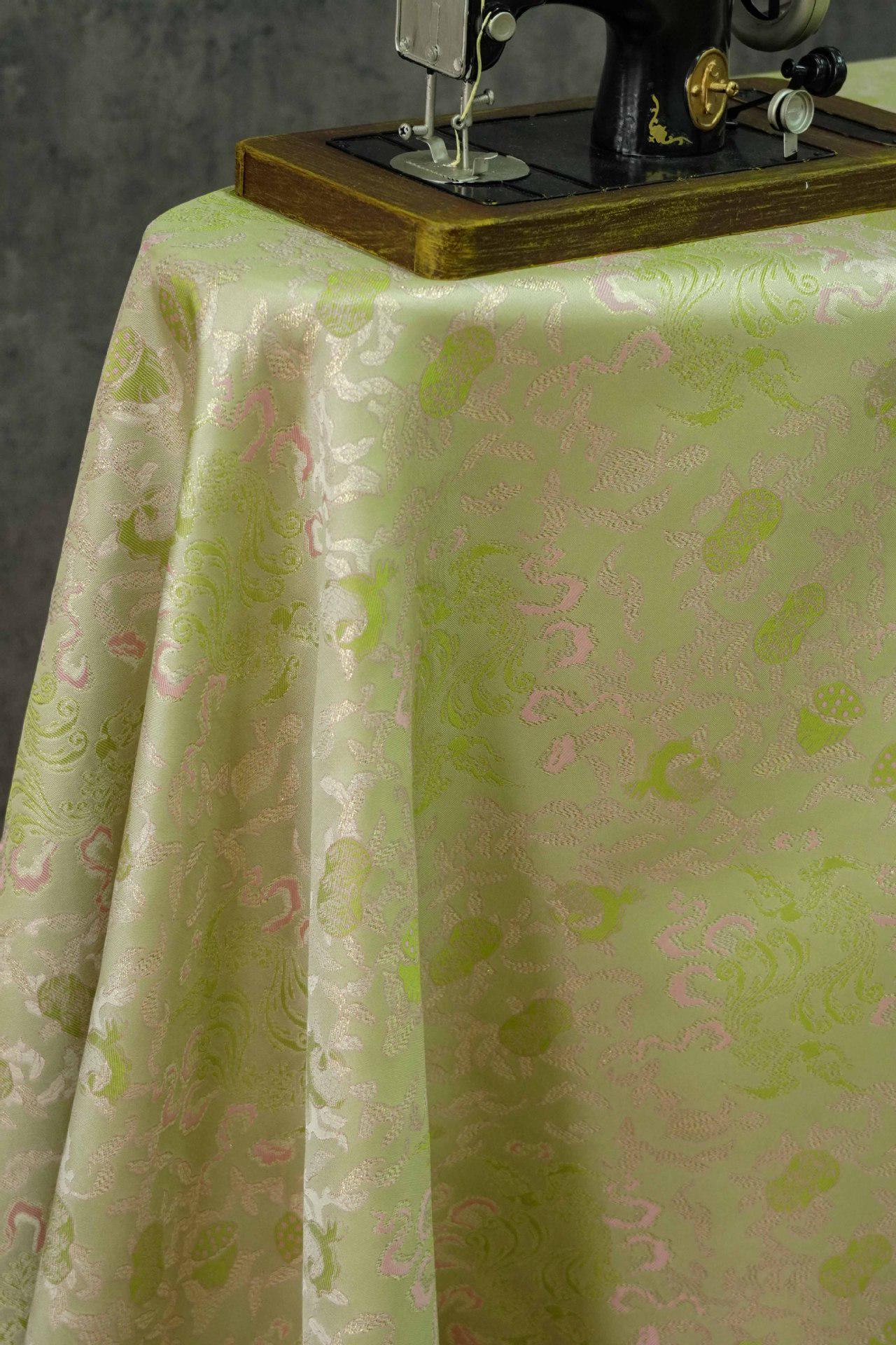 Bean Green Jacquard Fabric with Gold Thread: 55" Wide
