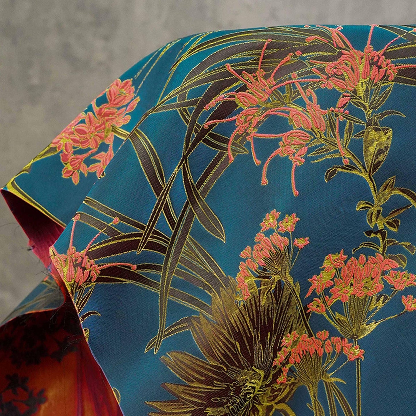 Gold Thread Jacquard Woven Fabric: 3D Teal Floral Embossed Upholstery, Costume, Sewing - 62"W