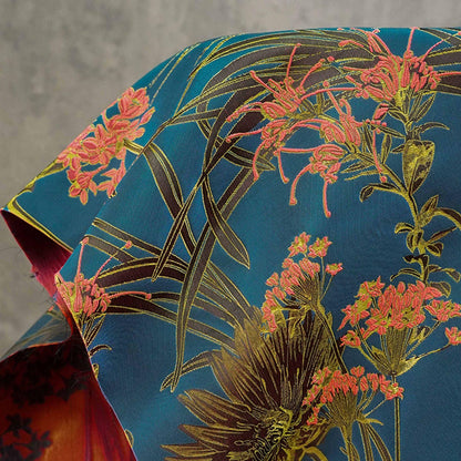 Gold Thread Jacquard Woven Fabric: 3D Teal Floral Embossed Upholstery, Costume, Sewing - 62"W