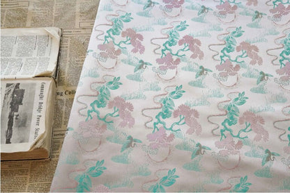 Beige Song Brocade Fabric: Wishful Crane Pattern Silk Rayon