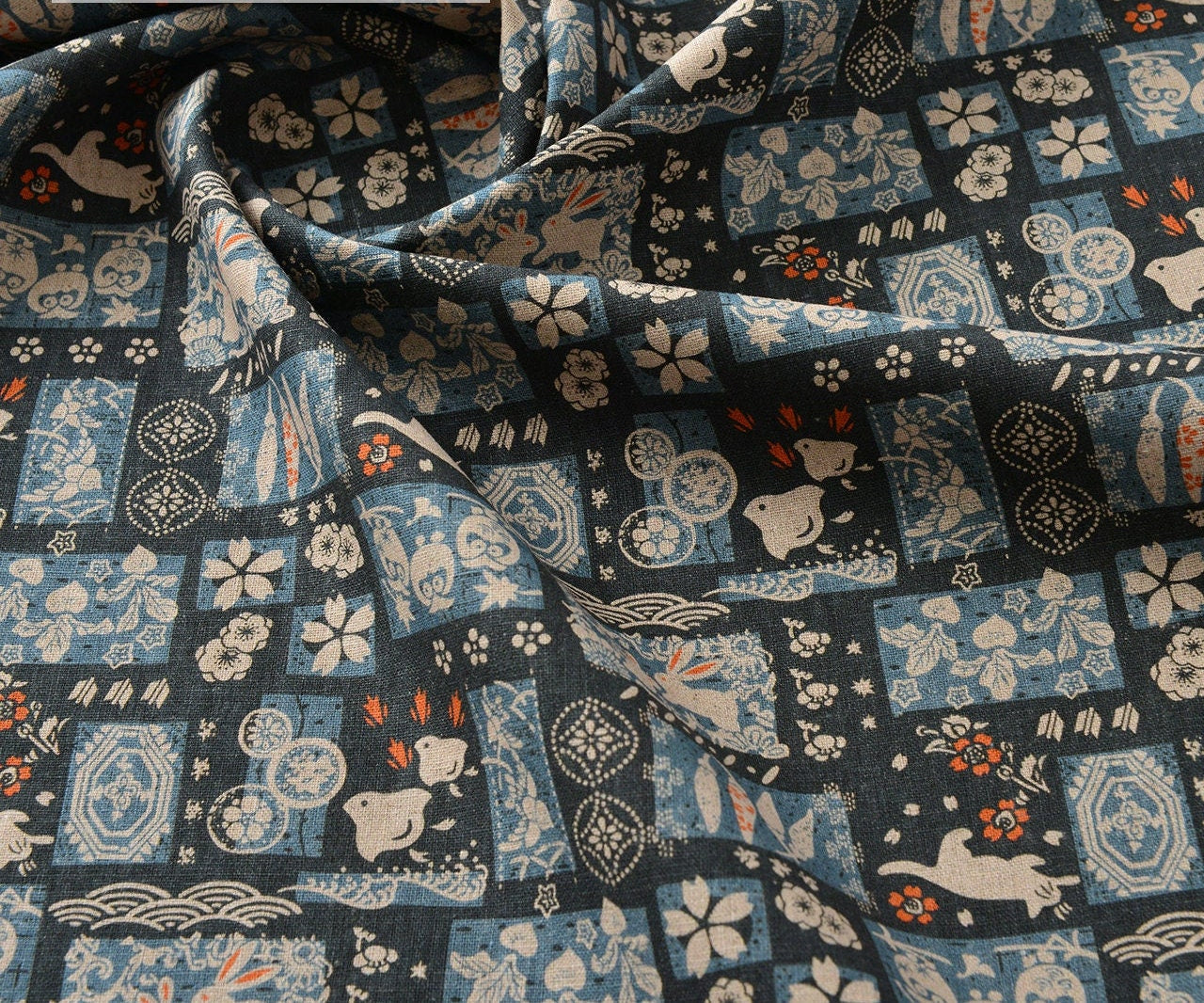 Japanese Cotton Linen Fabric: Patchwork Print for Sewing & Upholstery