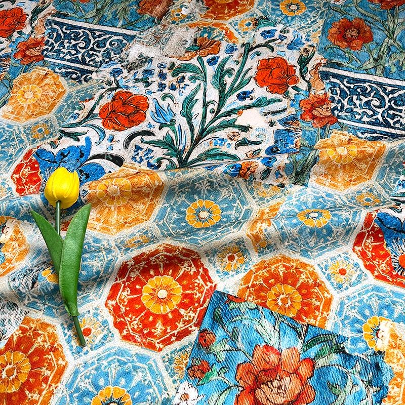 Persian Floral Cotton Fabric: Enamel Style Print, Quilting & Dressmaking, 55" Wide