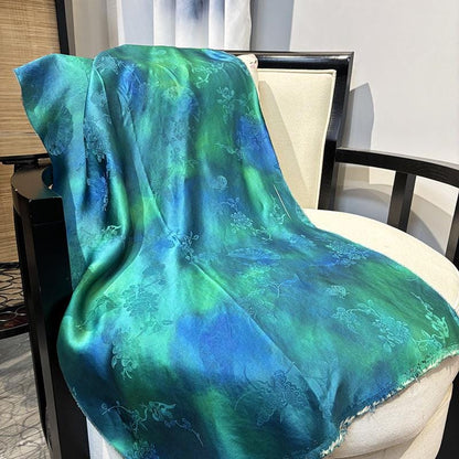 Teal & Blue Floral Mulberry Silk Fabric: 55"W Digital Print