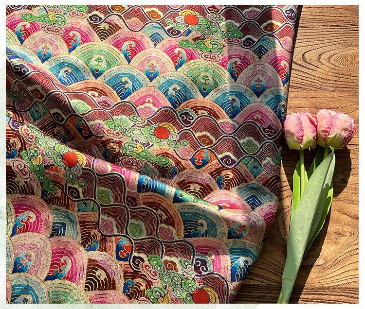 Jacquard Gambiered Canton Gauze Fabric - Xiangyun Tea Silk Brocade, 59" Wide