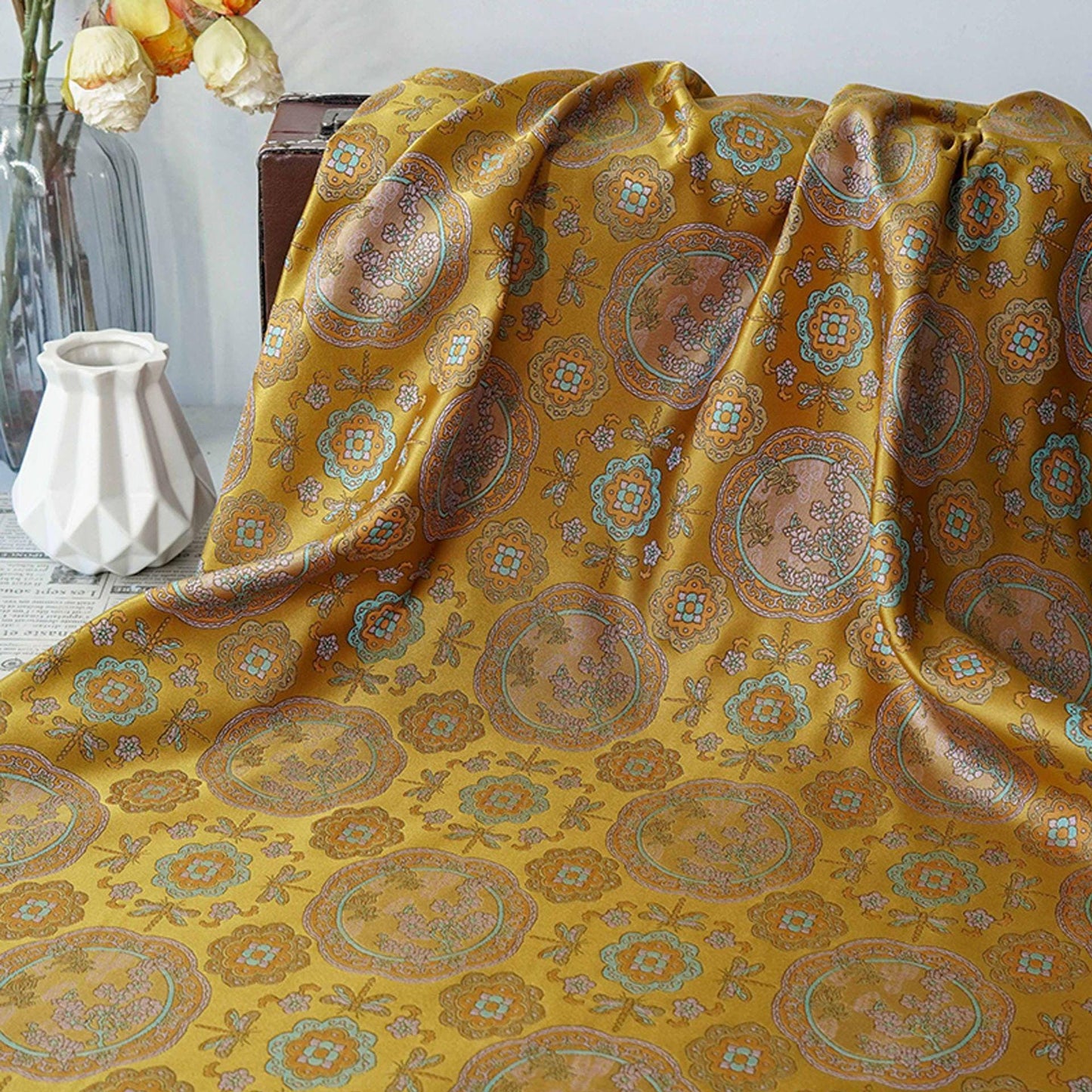 Tibetan Brocade Fabric by the Yard | Rayon Satin with Lotus Flower Embroidery | 58" Wide