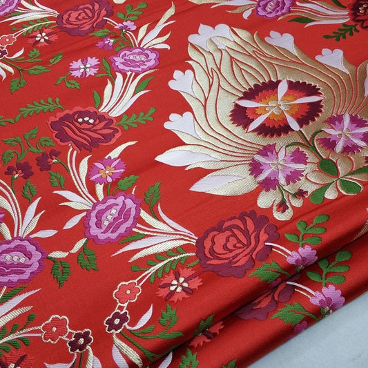 Tissu brocart de soie rouge : motif floral pivoine, 74 cm de large, tissu pour mariage