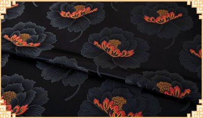 Black Peony Brocade Fabric: 29.5"W Luxurious Rayon Textiles