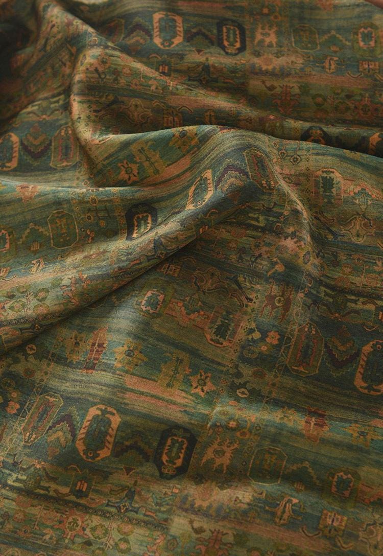 Ancient Chinese Ink Painting Cotton Fabric: Green Drapery Upholstery (55"W)
