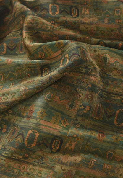 Ancient Chinese Ink Painting Cotton Fabric: Green Drapery Upholstery (55"W)