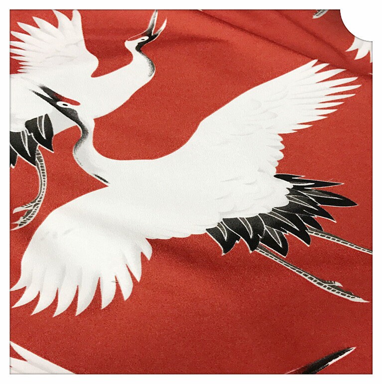 Japanese Crane Print Fabric: Polyester Kimono Dress Fabric - 1 Meter