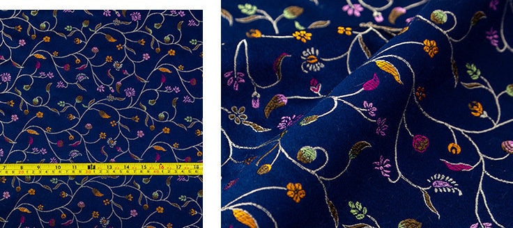 Floral Brocade Fabric: Red, Black & Navy Pepper Flower Jacquard (By The Meter)