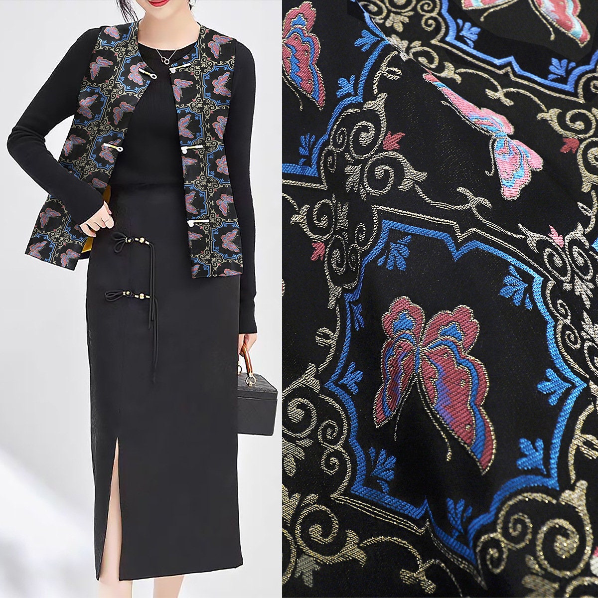 Butterfly Linen Fabric: Dunhuang Fresco Style, 59"W, Upholstery & Sewing