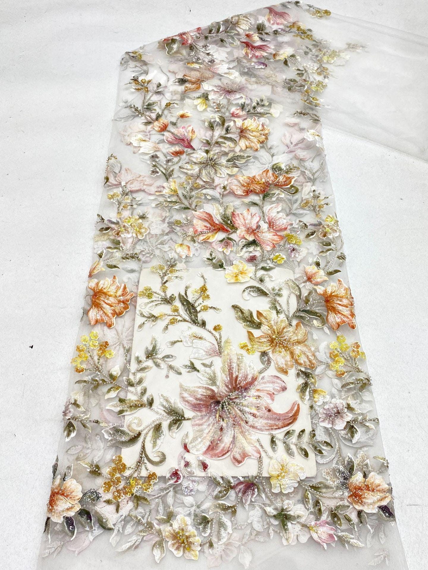 Embroidered Floral Fabric, Beads & Sequins, Cheongsam Dress Material
