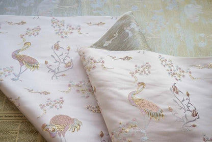 Metallic Brocade Fabric: Damask Jacquard Satin with Crane Design - 57"W