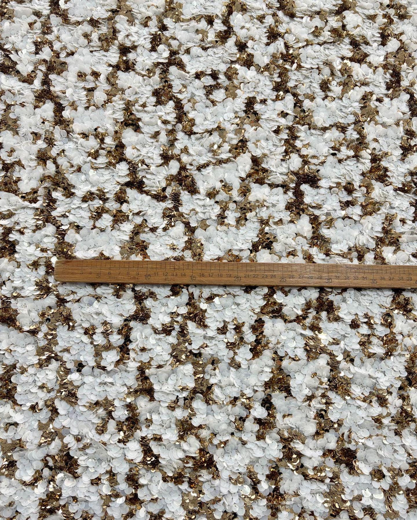 Cream Gold Sequin Layered Embroidered Chiffon Fabric ��� Wedding Dress & Gown Embroidery Materi"Wide