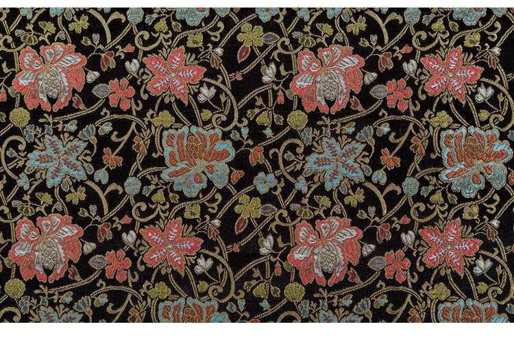 Nishijin Crane Kinran Fabric: Black Jacquard Silk Brocade Damask (29.5" Width)