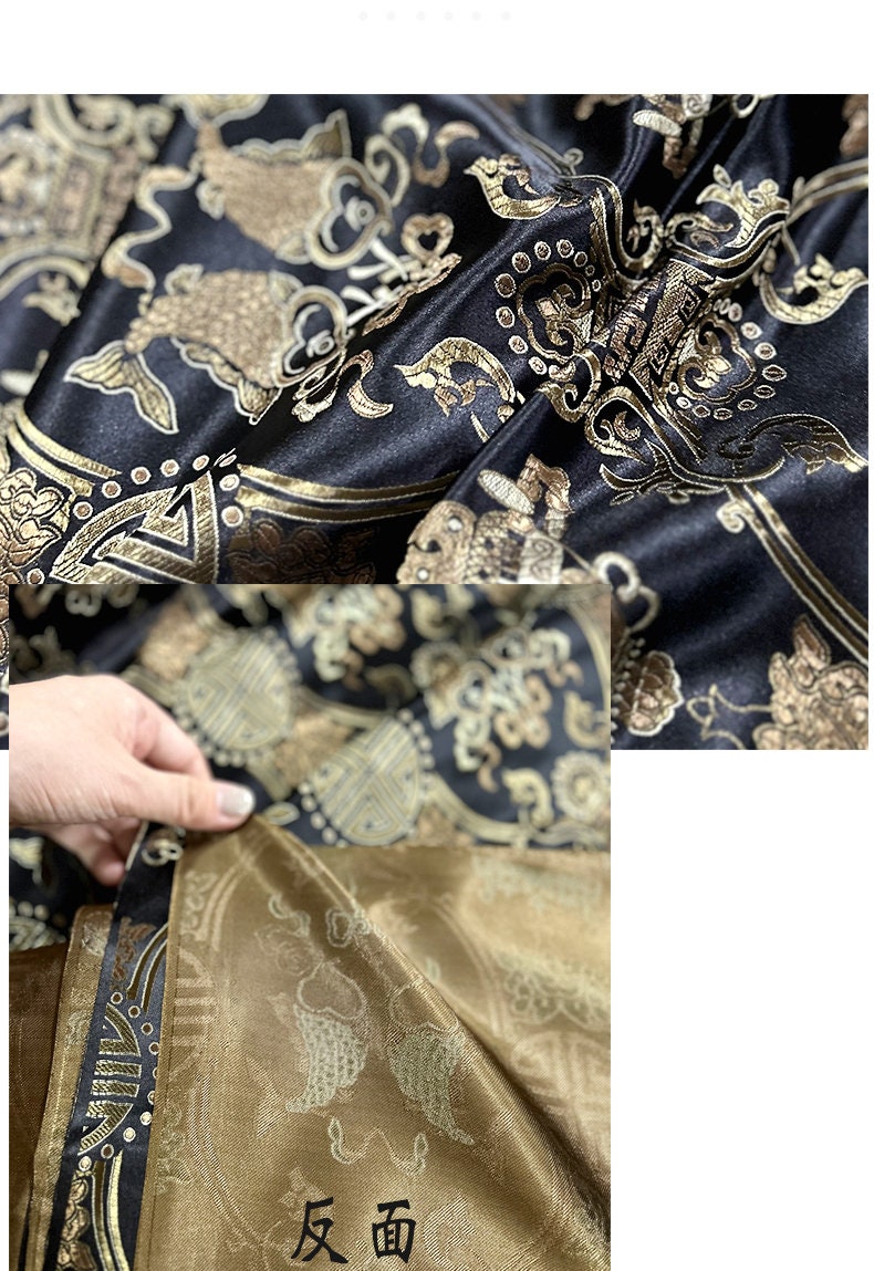 Chinese Silk Brocade Fabric: Pisces Double Fish Decor, 35" Wide