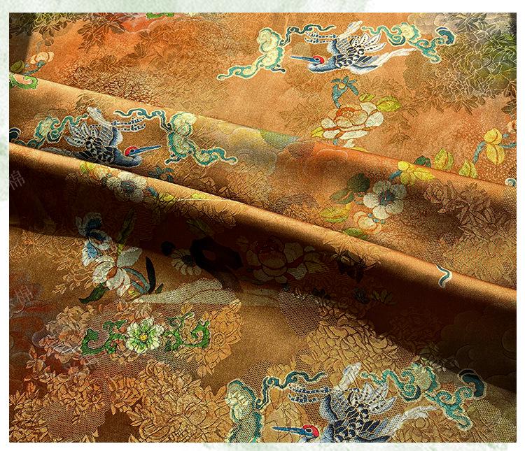 Gold Brown Crane Pattern Xiangyunsha Fabric, Luxury Rayon Silk Damask, Traditional Jacquard Fabric for Sewing, Cheongsam, DIY Fashion, 59"W