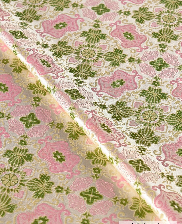 Floral Silk Brocade Fabric: 59"W Pink & Green Upholstery Material