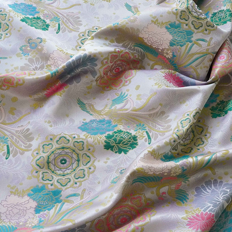 Beige Phoenix Song Brocade Fabric: 67"W Silk Rayon Blend