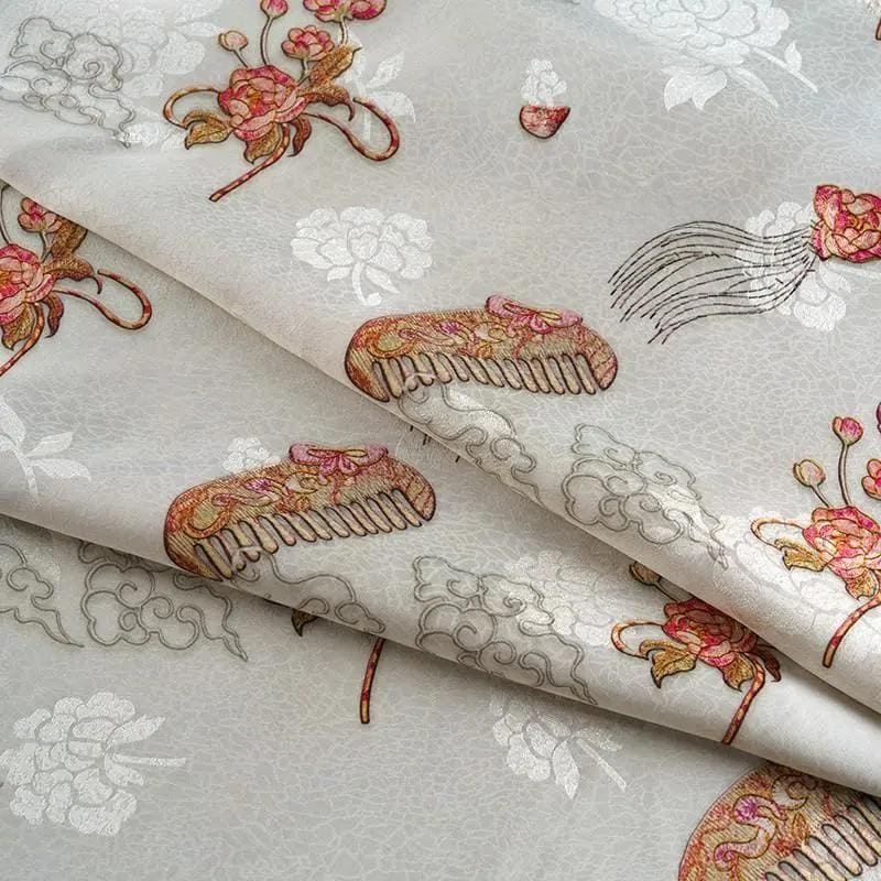 Lotus Tea Silk Satin Fabric: Japanese Pattern Upholstery, Costume, Decor (58"W)
