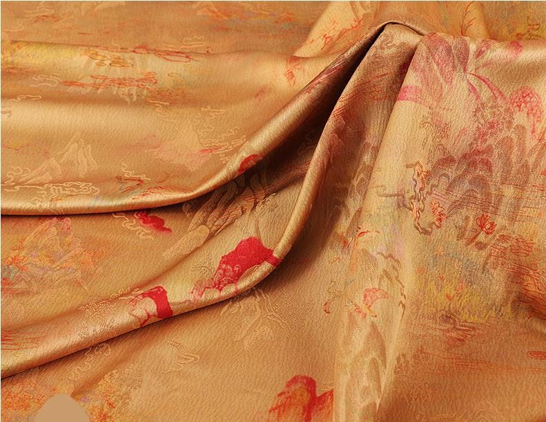Butterfly Tea Silk Satin Fabric: Ancient Print, 59" Wide