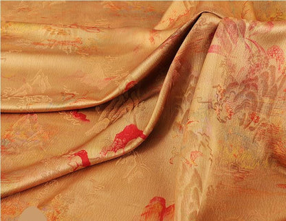 Butterfly Tea Silk Satin Fabric: Ancient Print, 59" Wide