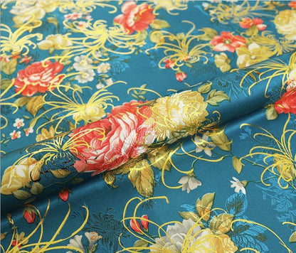 Chrysanthemum Silk Brocade Fabric: 59"W Floral Damask, Quilting & Upholstery