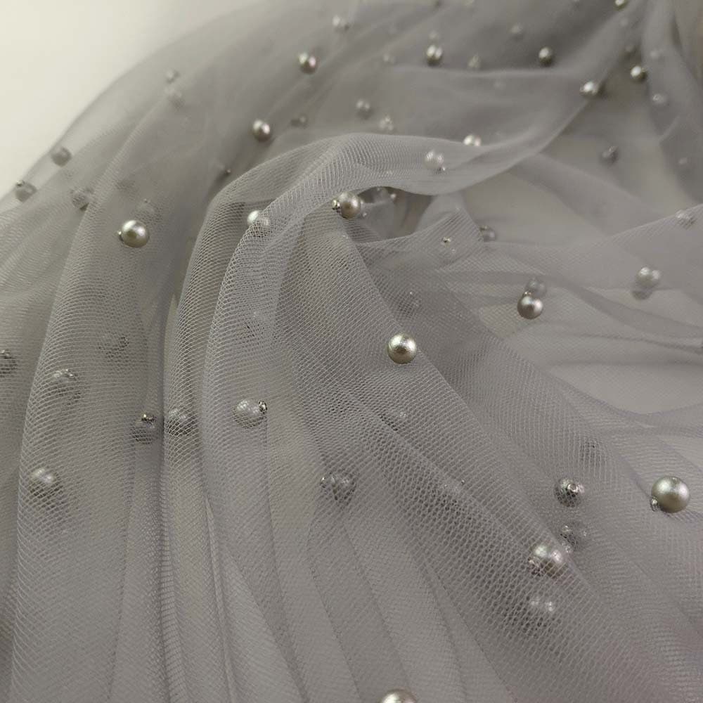 Beaded Pearl Mesh Lace Fabric, Bridal Wedding Veil, 59" Wide