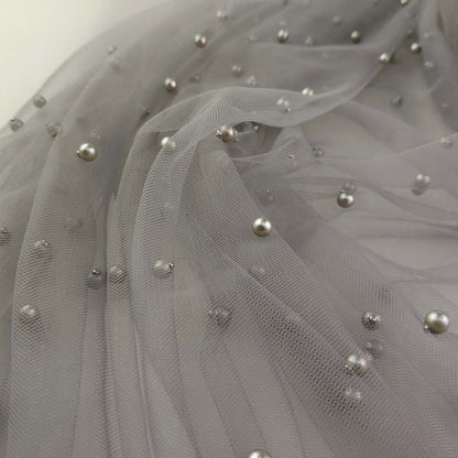 Beaded Pearl Mesh Lace Fabric, Bridal Wedding Veil, 59" Wide