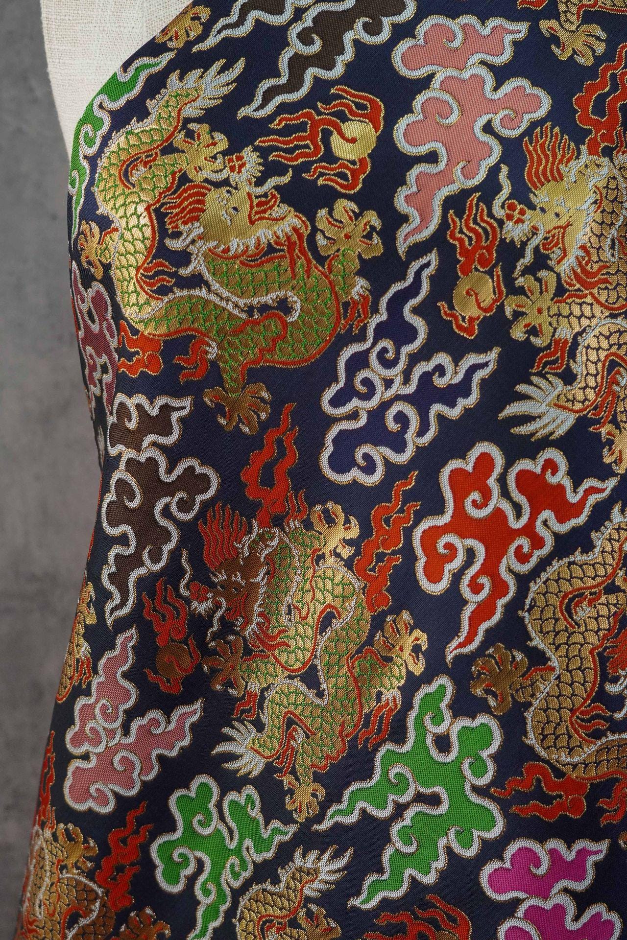Chinese Dragon Brocade Fabric - Auspicious Cloud Woven Textile, 60" Wide
