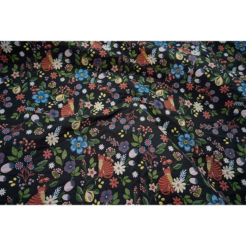 Black Cat Jacquard Fabric: Floral Upholstery, Costume, Decor (58"W)