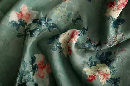 Tissu ramie imprimé floral : matériau de couture de style asiatique, 145 cm de large