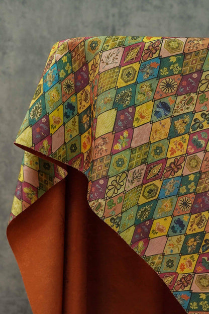 Floral Diamond Tea Satin Fabric, Dark Green Digital Print, 59" Wide