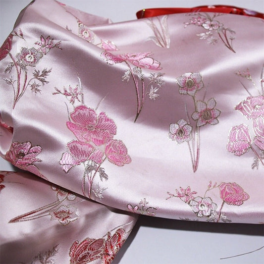 Tissu brocart de soie jacquard à motif floral - Damas à fleurs roses (57"L)