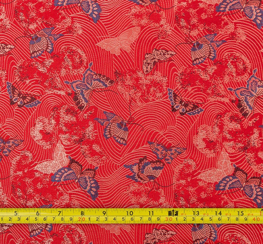 China Red Silk Brocade Fabric: Butterfly Floral Jacquard