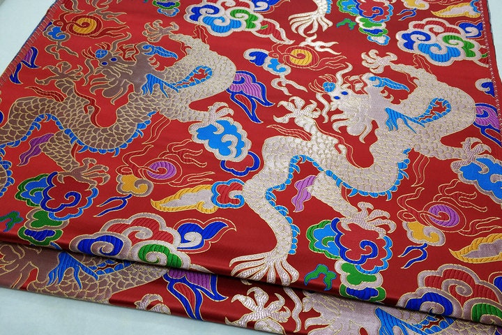 Red Dragon Brocade Fabric: Chinese Wedding Cheongsam Tapestry (27.5"W)