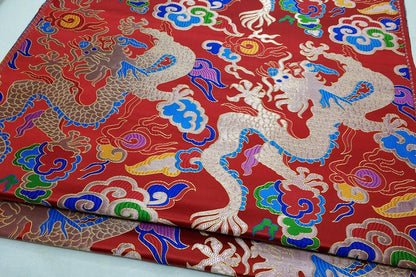 Red Dragon Brocade Fabric: Chinese Wedding Cheongsam Tapestry (27.5"W)