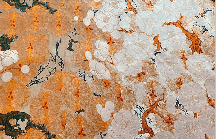 Japanese Nishijin Silk Brocade Fabric: Orange Frangipani Damask (29.5"W)