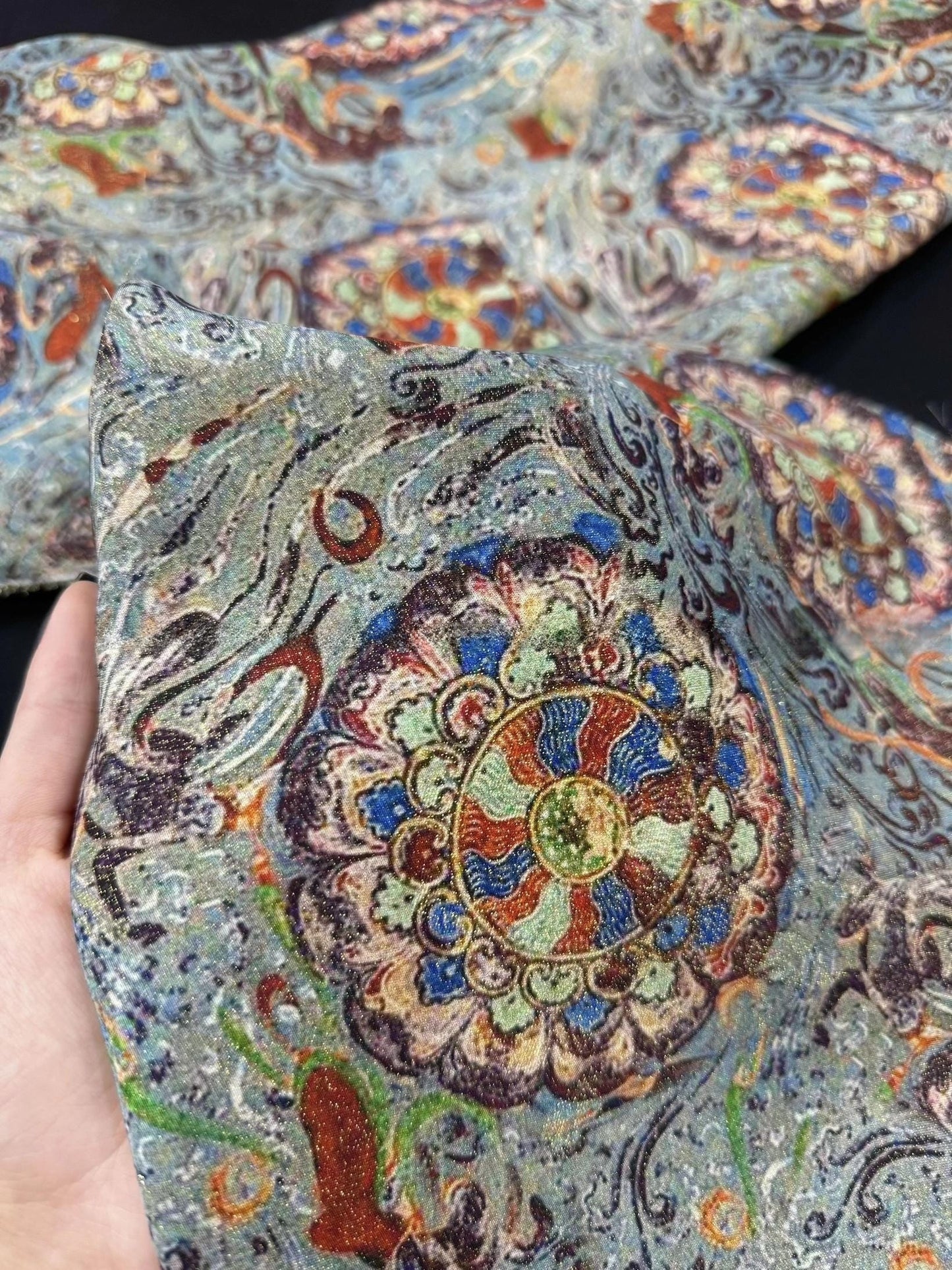 Ethnic Silk Brocade Fabric: Gold Foil Tapestry, Dunhuang Zen Style