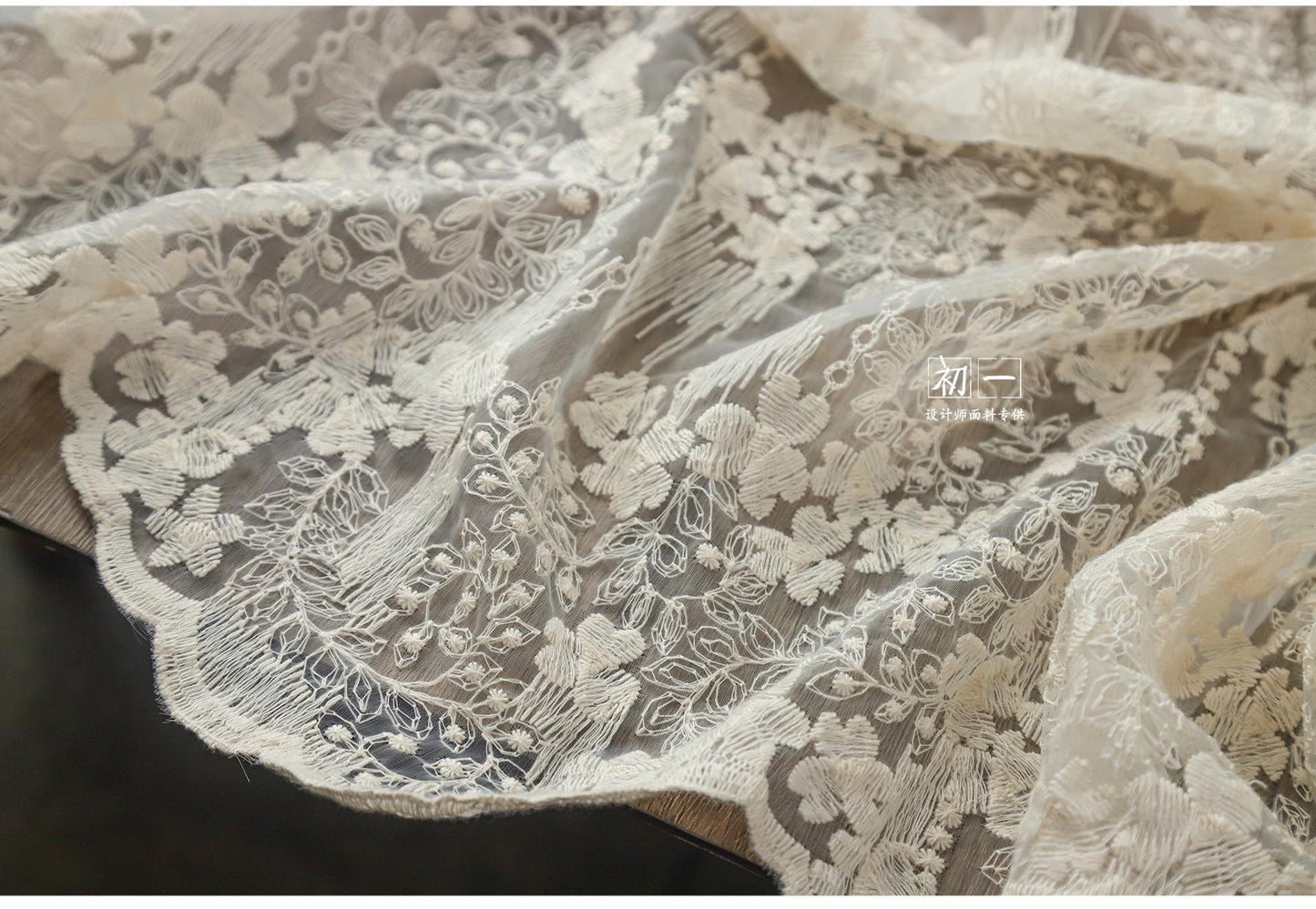 Embroidered Morning Glory Mesh Fabric ��� Apricot Bridal Ve"W
