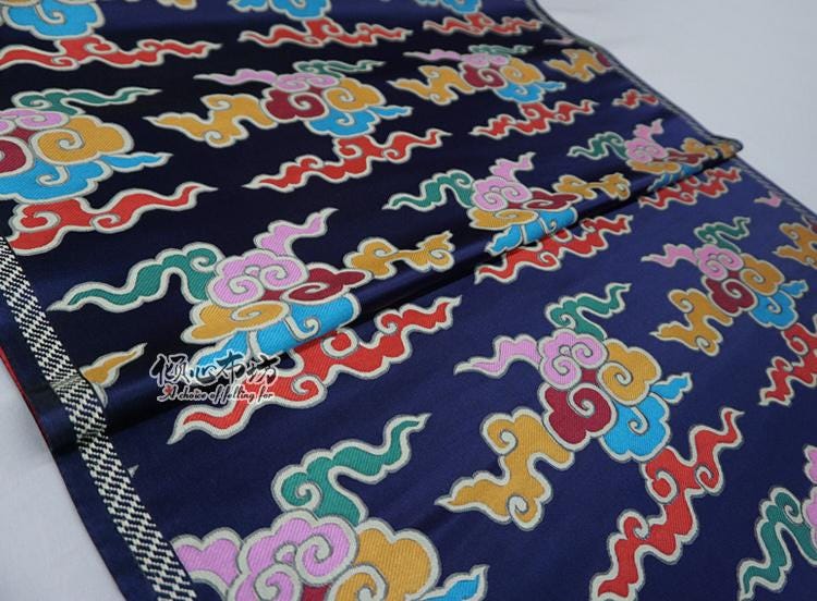 Dark Blue Auspicious Clouds Jacquard Fabric: Tibetan Style Costume Dress Material