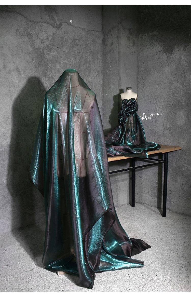 Aurora Green Glitter Organza Fabric: Luxury Sheer Wedding Material