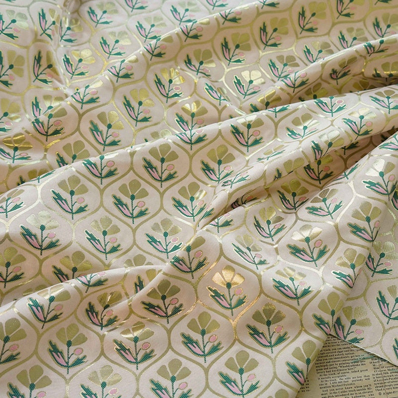Gold Floral Jacquard Fabric: Embossed Flower Pattern, 60" Wide