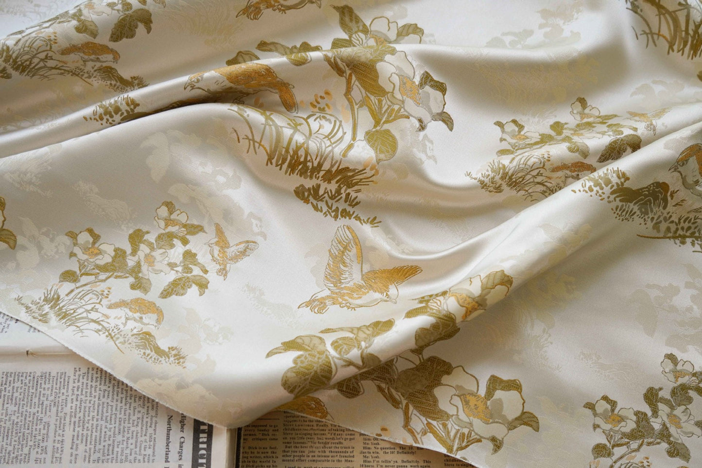 Floral Bird Print Fabric: Gold Thread Woven Polyester, 59" Wide