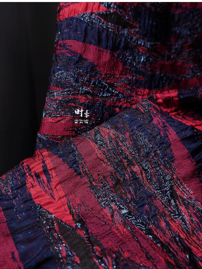 Gold Thread Jacquard Fabric: Red & Blue 3D Designer Fabric, 55"W