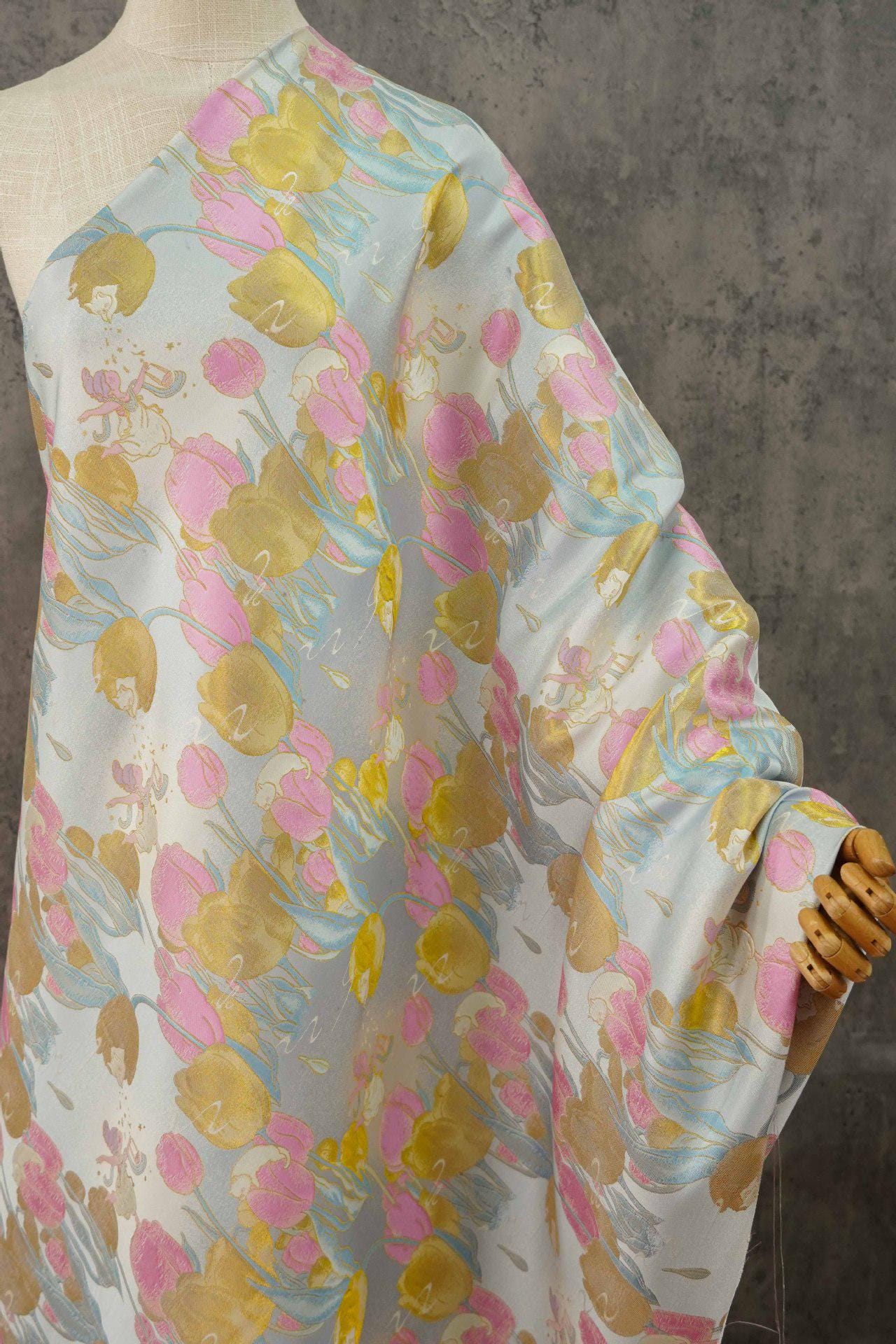 Gold Tulip Jacquard Fabric: 59"W Upholstery & Drapery