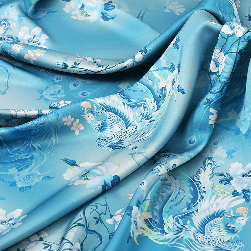 Phoenix Tea Silk Satin Fabric: 59"W Digital Print Drapery