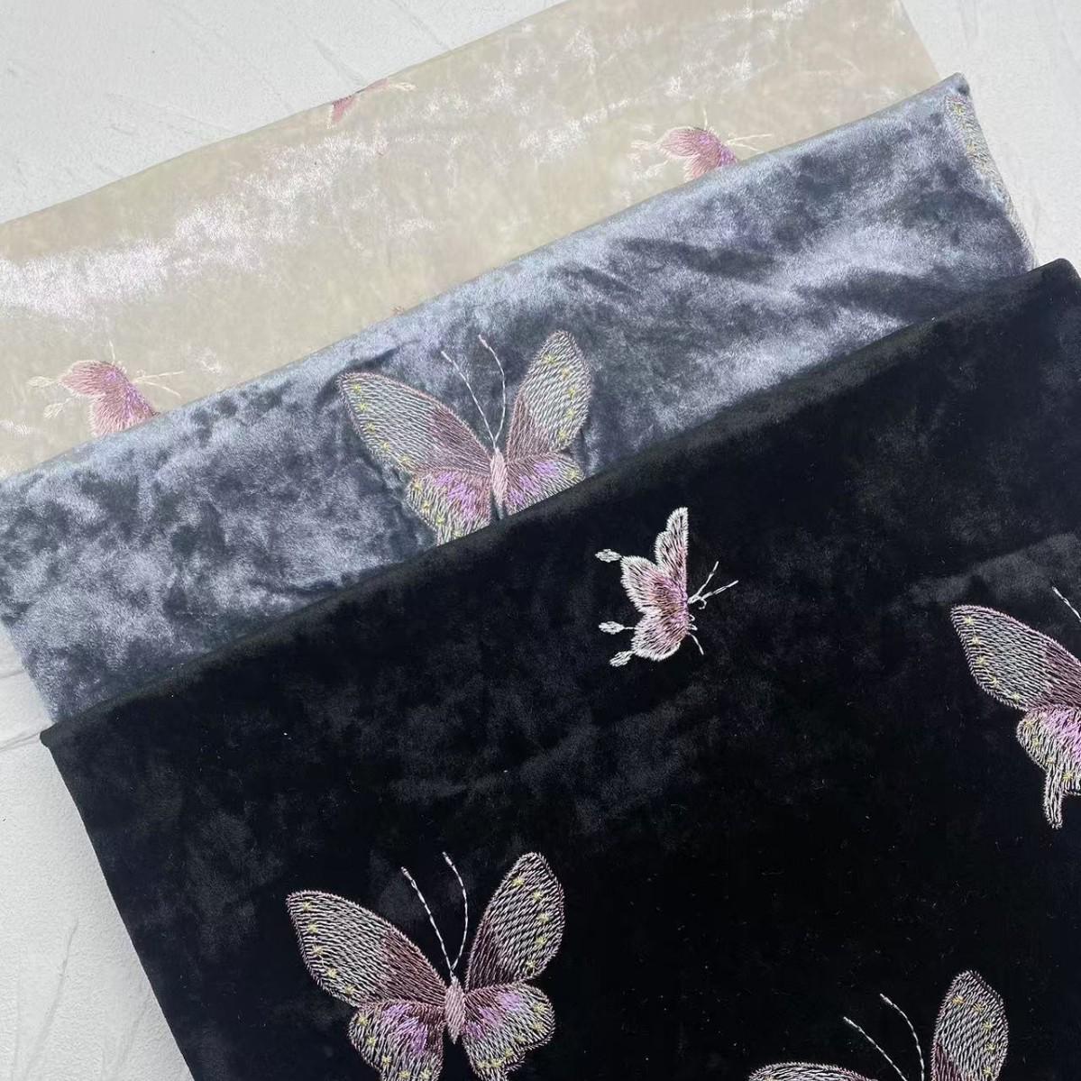 Embroidered Velvet Fabric: 43" Beaded Pillar Design, Designer Sewing Material