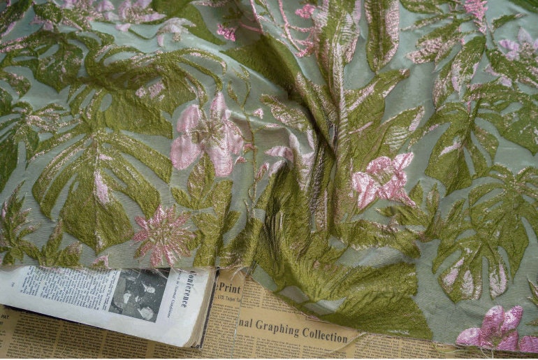 Gold Thread Floral Jacquard Fabric: Pea Green 3D Designer Fabric, 57" Wide